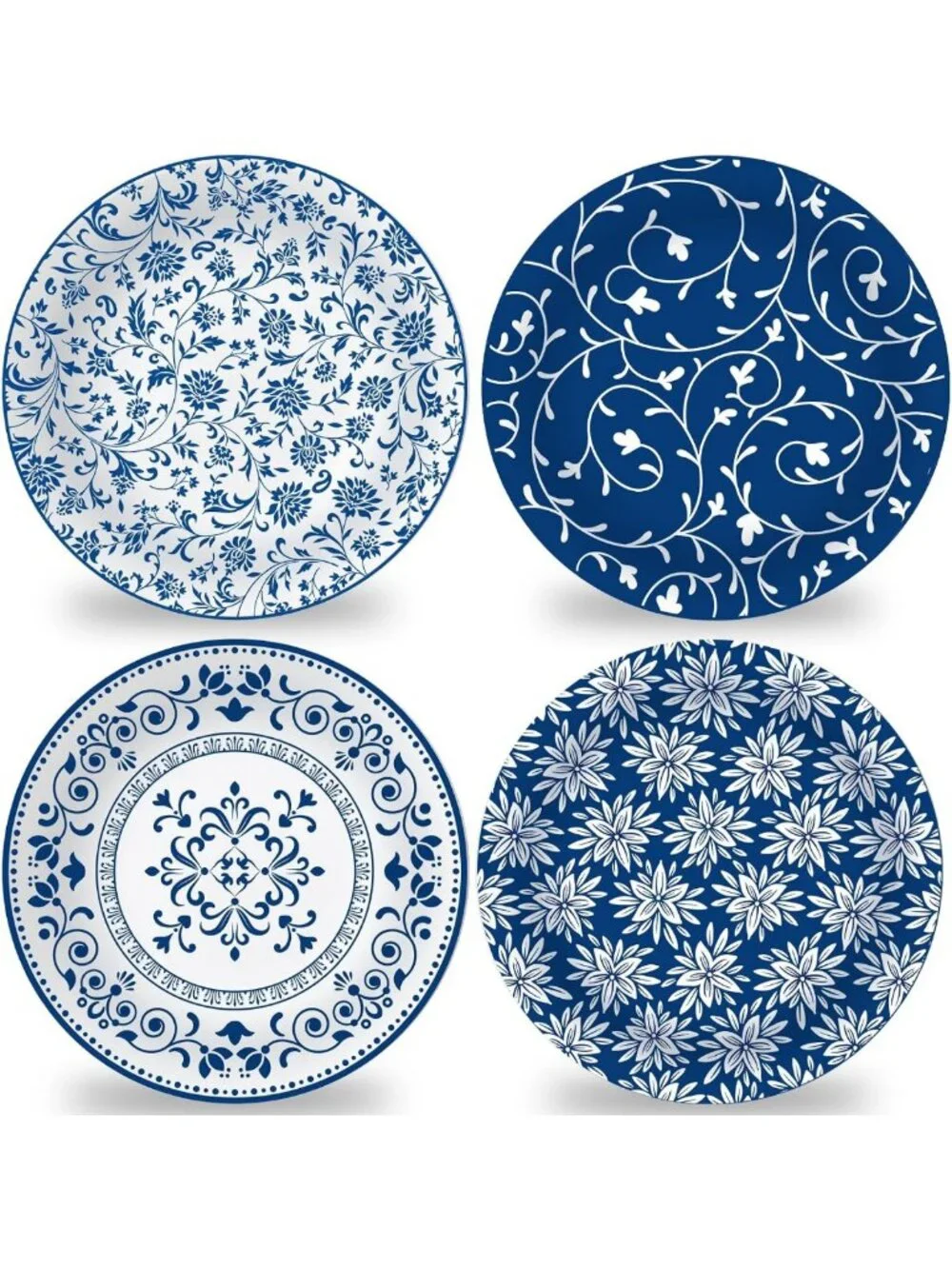 4-Piece 10-Inch Blue & White Floral Melamine Dinner Plates Set - Vintage Style